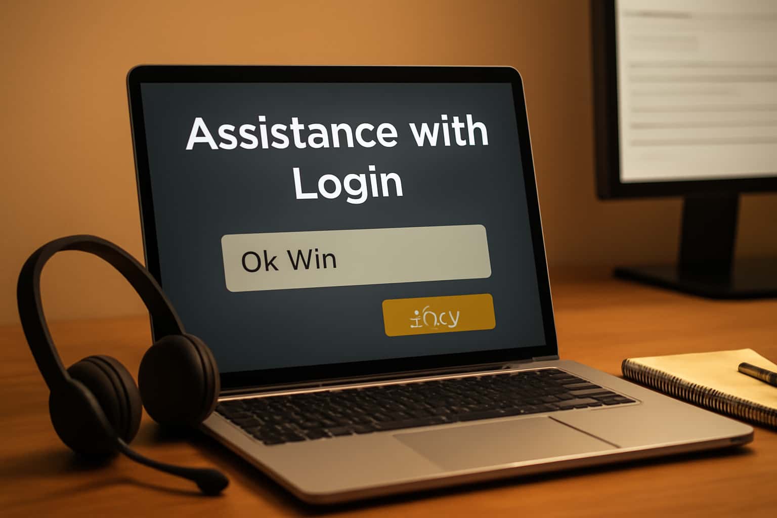 A professional scene depicting assistance with Ok Win login