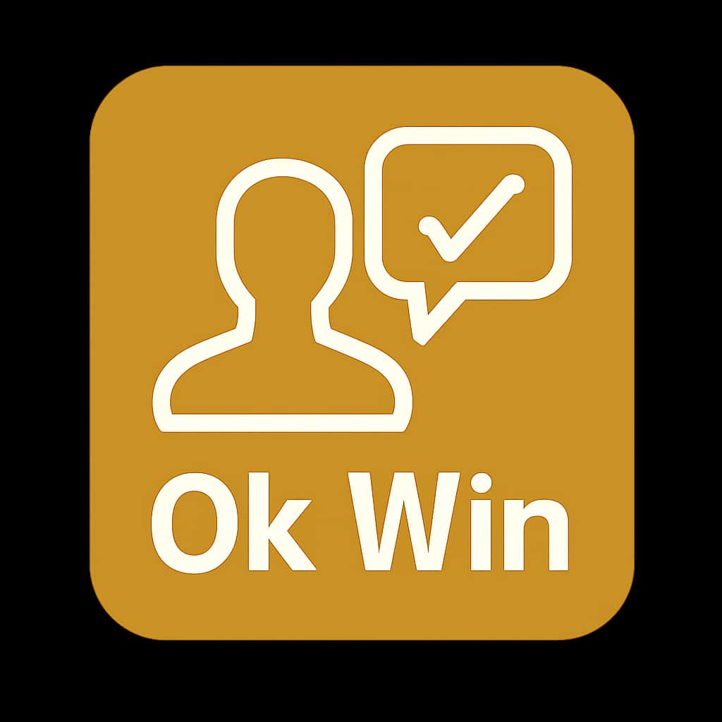 A professional badge symbolizing account support for 'Ok Win'.